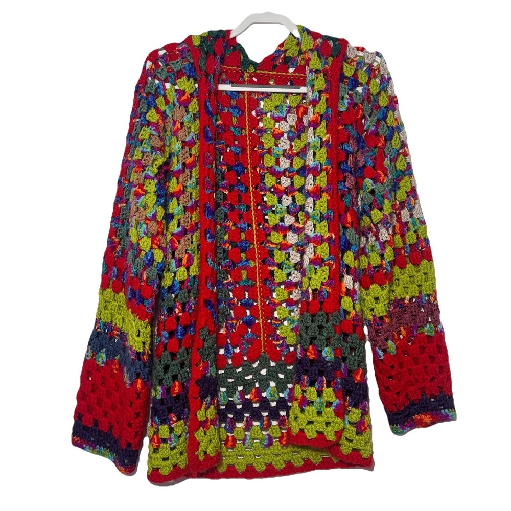 Handmade Crochet‎ Granny Square Patchwork Cardigan Sz M/L Knit Hooded Maximalism